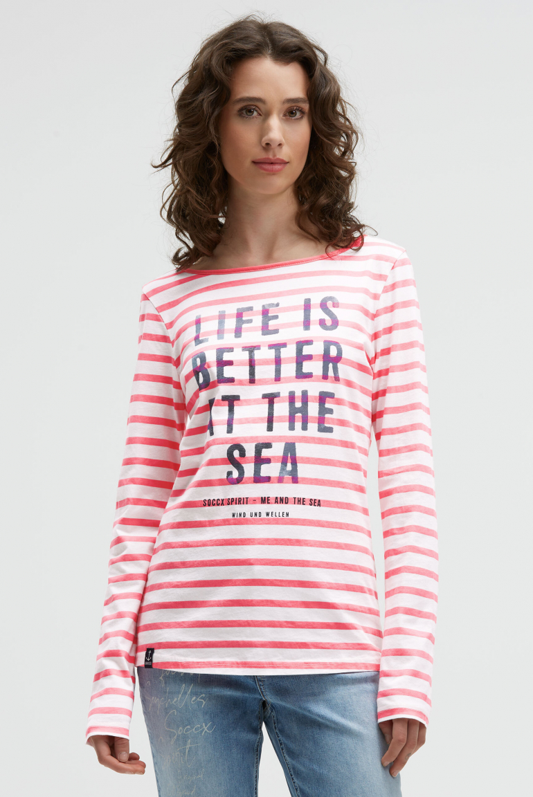 Gestreiftes Longsleeve mit U-Boot-Ausschnitt und Print neon pink