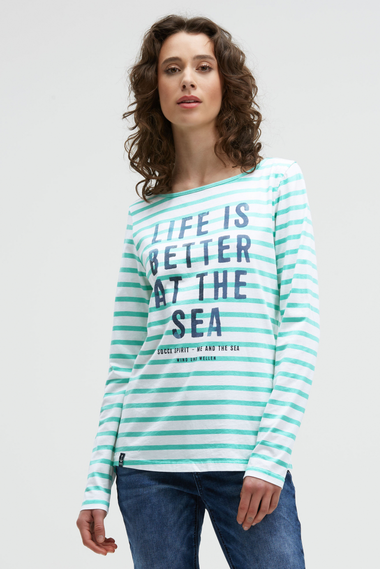 Gestreiftes Longsleeve mit U-Boot-Ausschnitt und Print new aqua