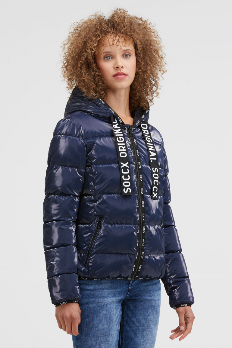 Glänzende Steppjacke mit Kapuze und Logo-Bändern blue navy
