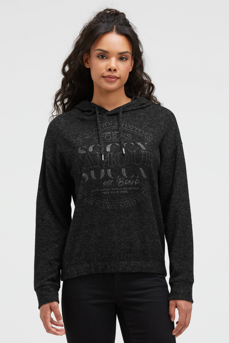 Hoodie aus Flauschstrick mit Glitzer-Print black melange