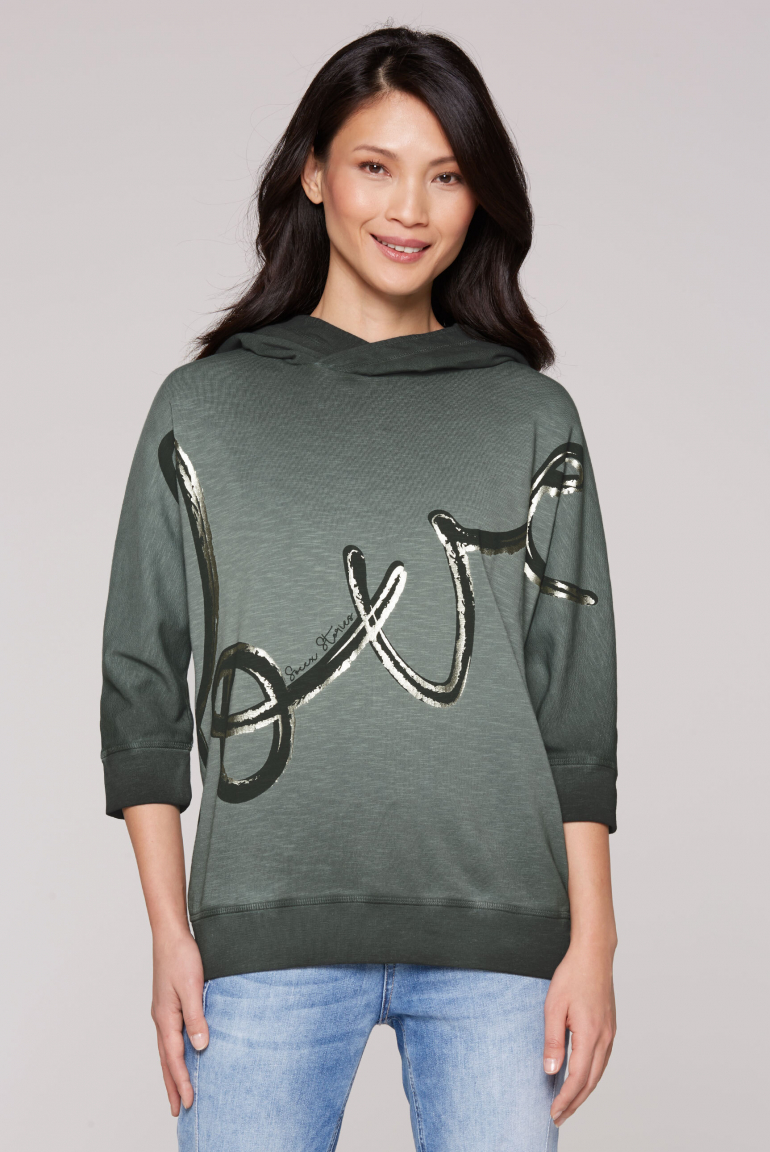 Hoodie mit kurzen Fledermausärmeln und Folienprint green shadow