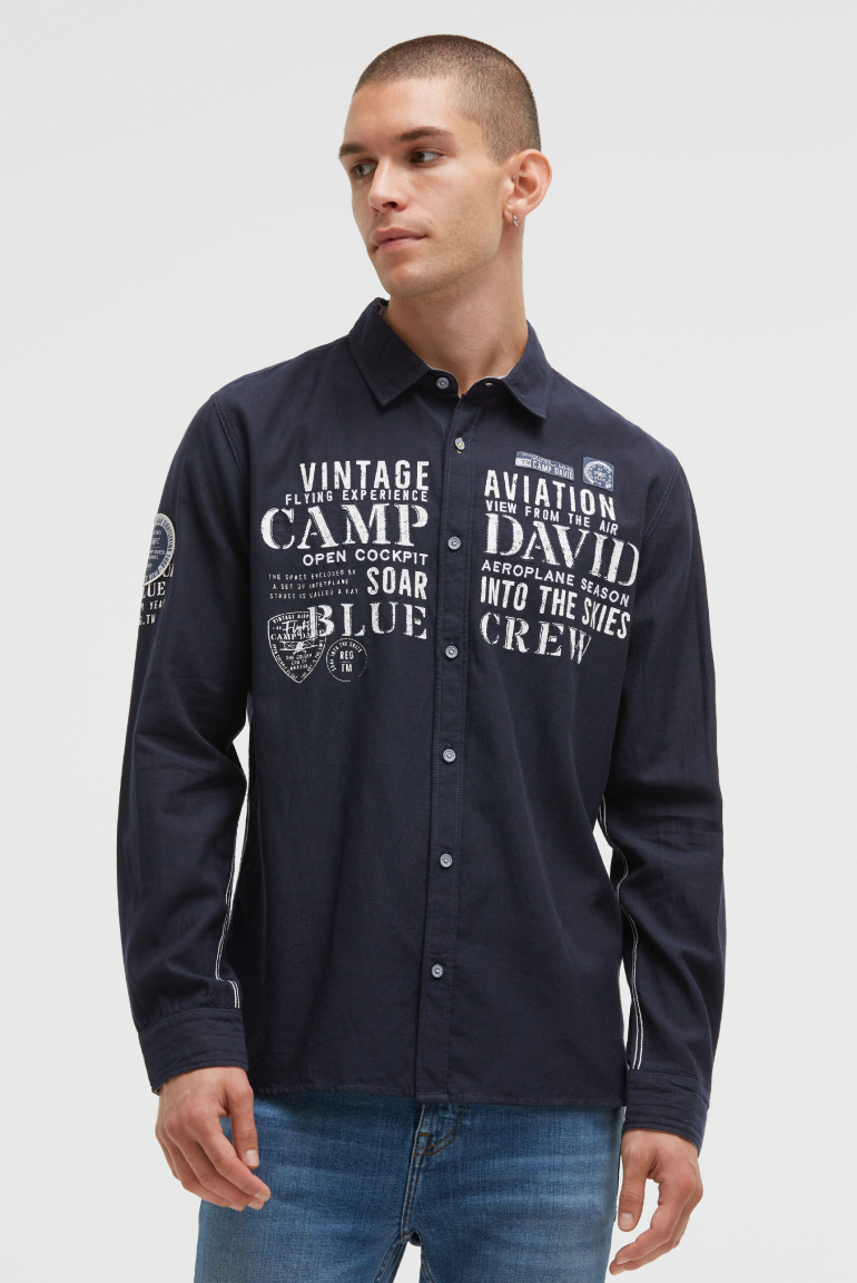Jacquard-Langarmhemd mit Artworks blue navy