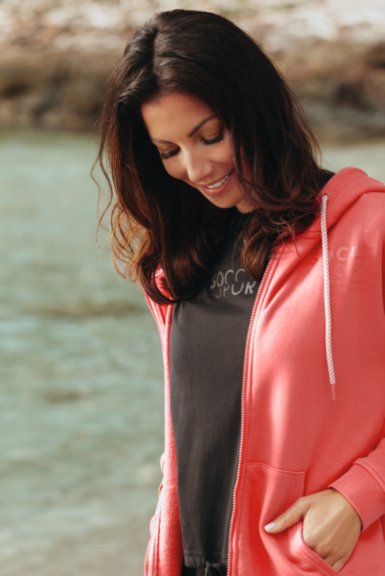 Kapuzensweatjacke mit Rücken-Print coral pink