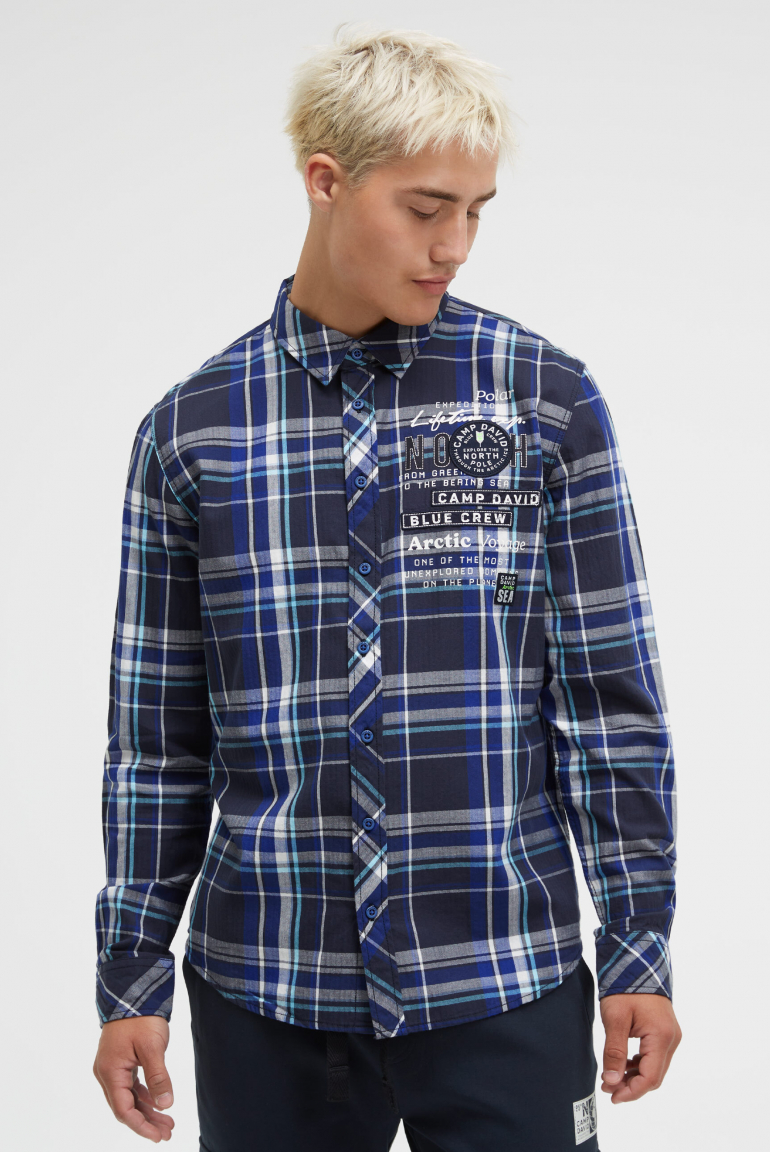 Karohemd mit Herringbone-Struktur und Artworks blue navy