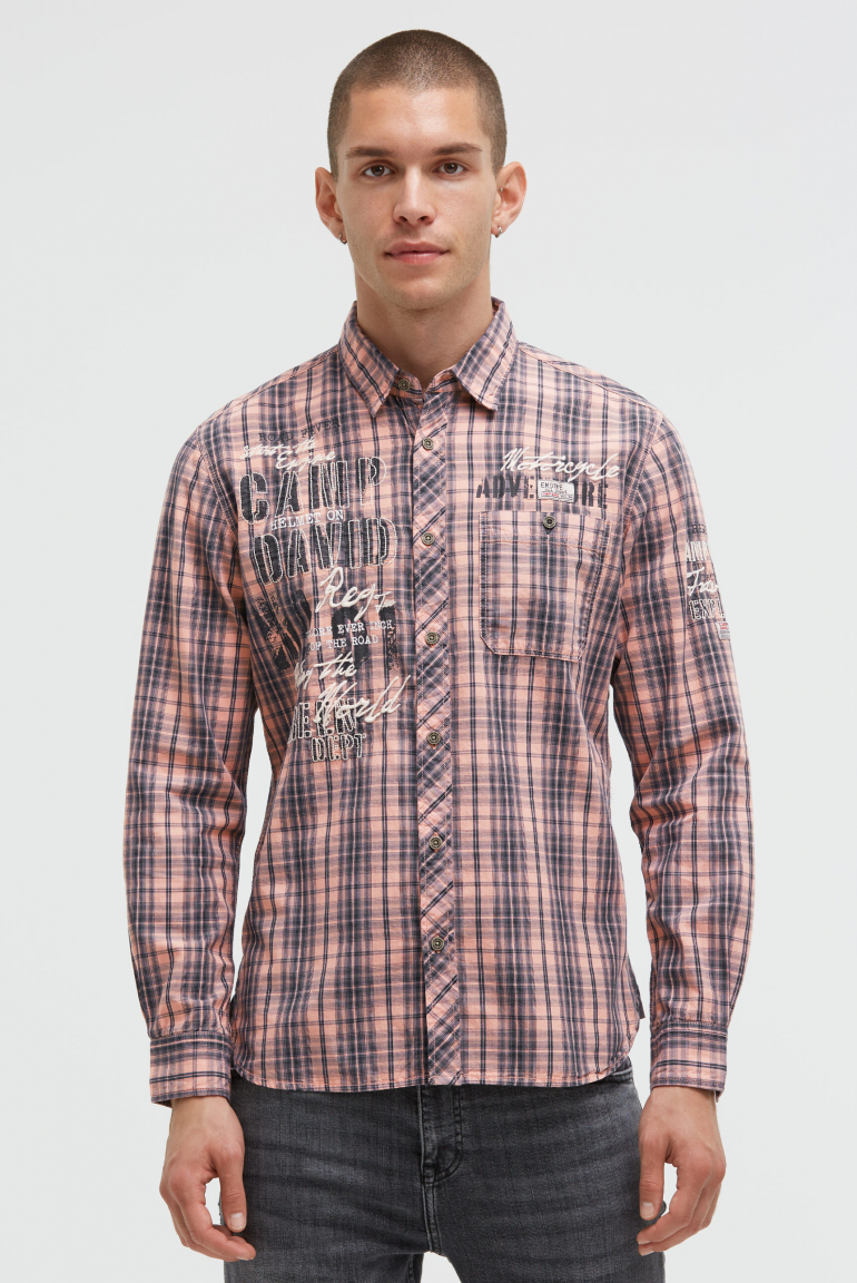 Karohemd mit Prints, Patches und Stickereien old peach