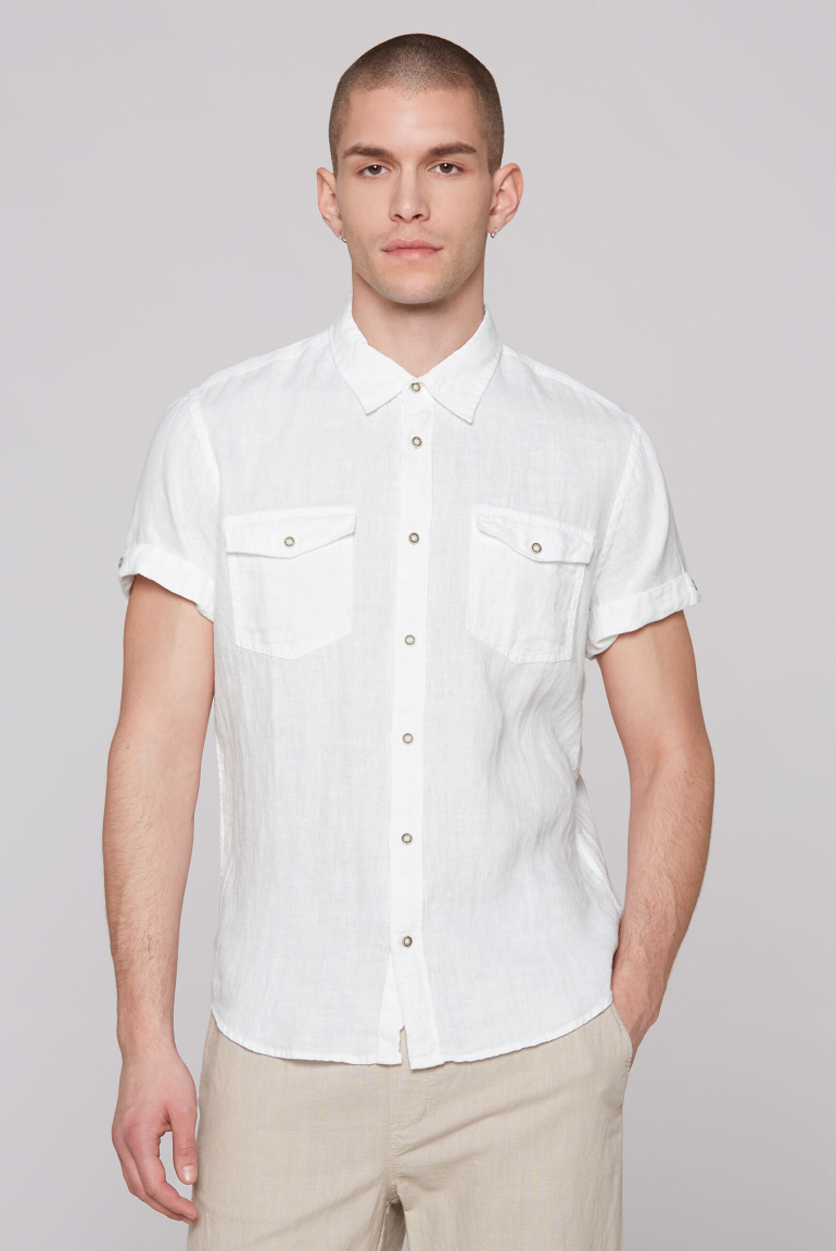 Kurzarm-Leinenhemd mit Klappentaschen opticwhite