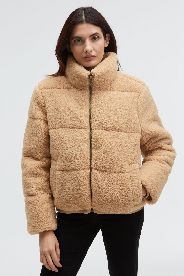 Kurze Teddy-Puffer-Jacke mit Stehkragen light cognac
