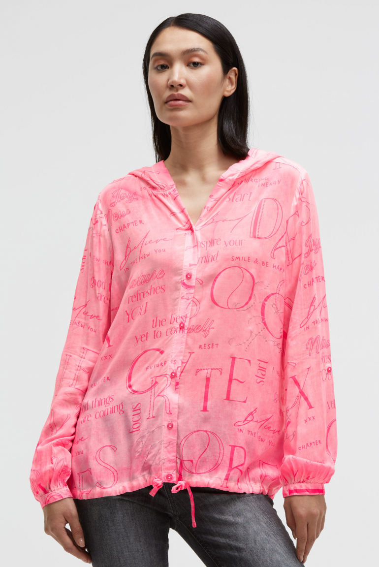 Langarmbluse mit Kapuze und All Over Print neon rose