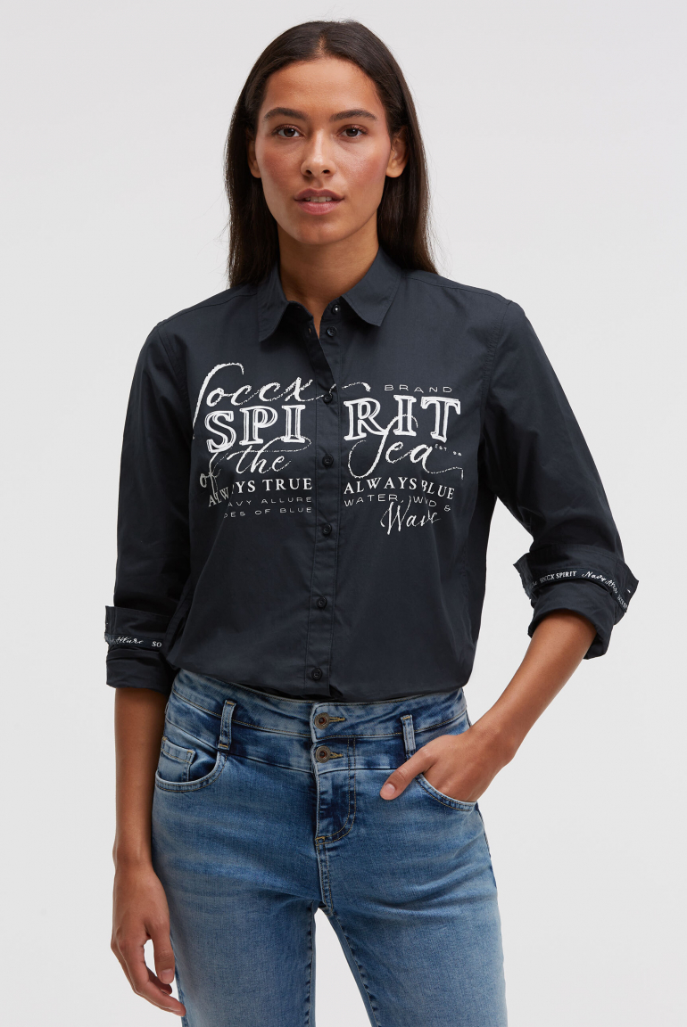 Langarmbluse mit Logo-Flock-Print blue navy