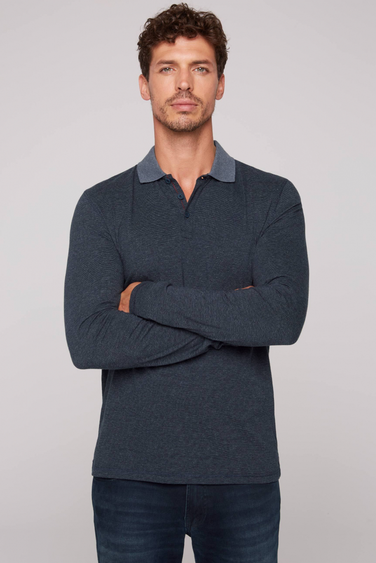 Langarmpolo mit feinem Streifen-Dessin blue navy