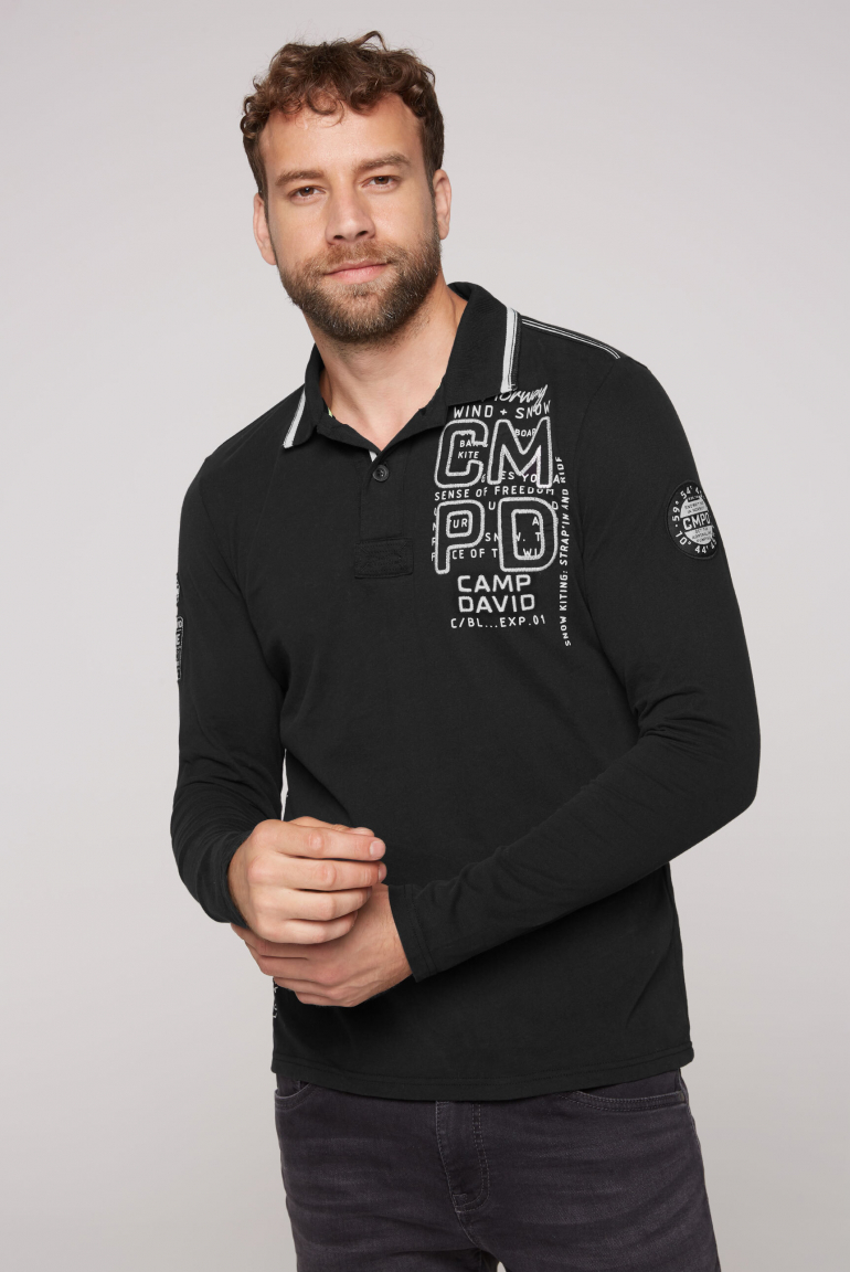 Langarmpolo mit Label-Applikationen black