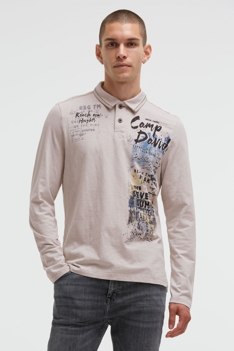 Langarmpolo mit Photoprint silvery