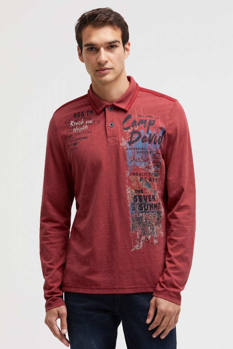 Langarmpolo mit Photoprint brick red