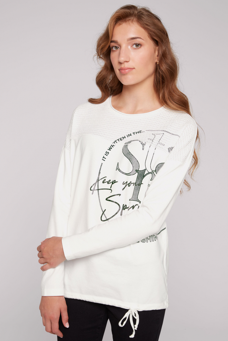 Langarmshirt mit Chenillestrick und Glitter Print ivory