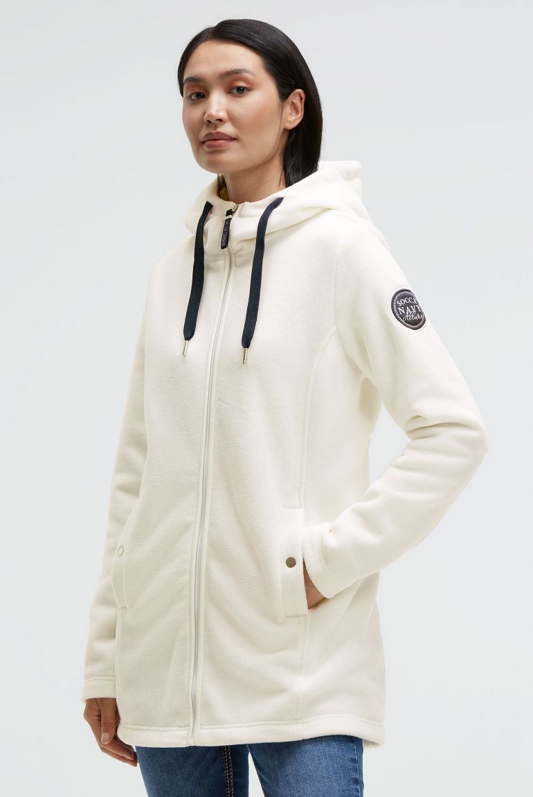 Lange Fleecejacke mit Kapuze und Label Patch ivory