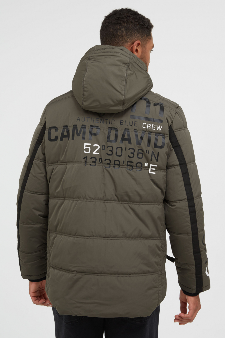 Lange Steppjacke mit Kapuze und Rücken-Artwork medium khaki