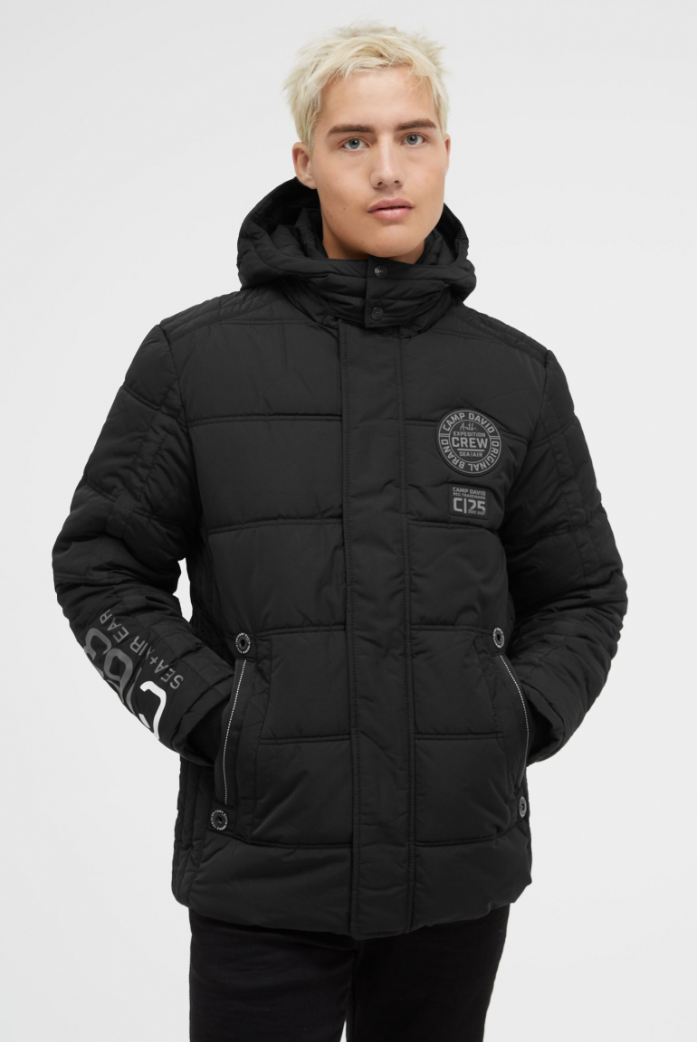 Lange Steppjacke mit Kapuze und Rücken-Artwork black