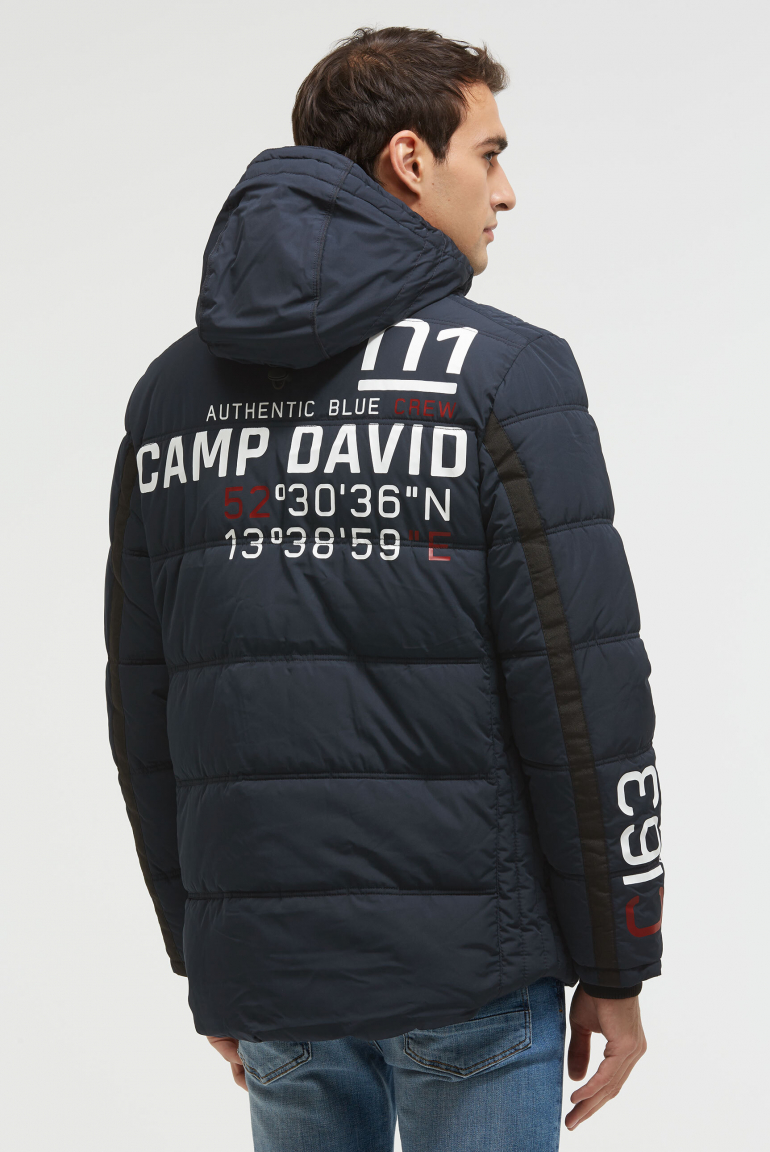 Lange Steppjacke mit Kapuze und Rücken-Artwork blue navy