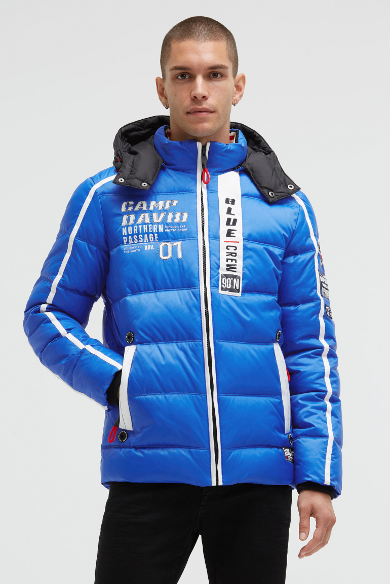 Lange Steppjacke mit Tapes, Patches und Kapuze flight blue