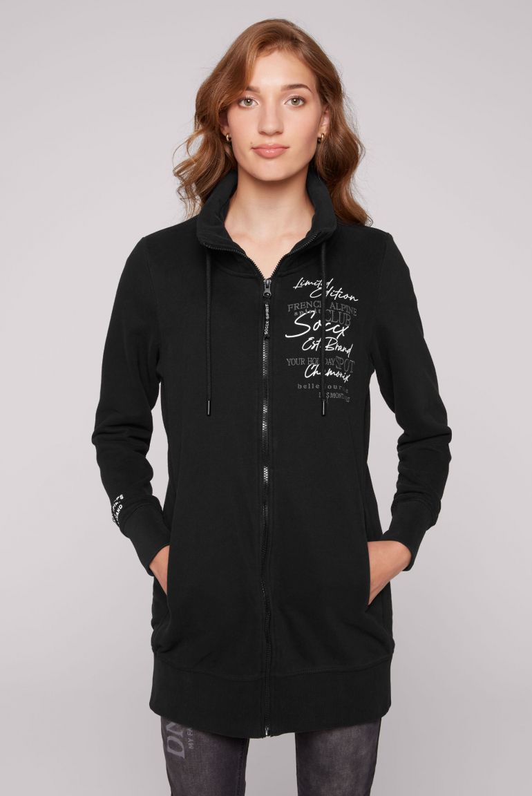 Lange Sweatjacke mit hohem Kragen black