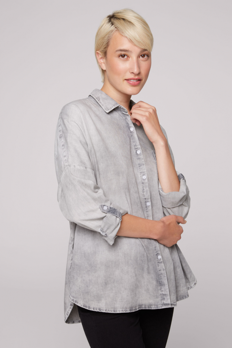 Oversized Denim-Bluse mit Print light grey bleached