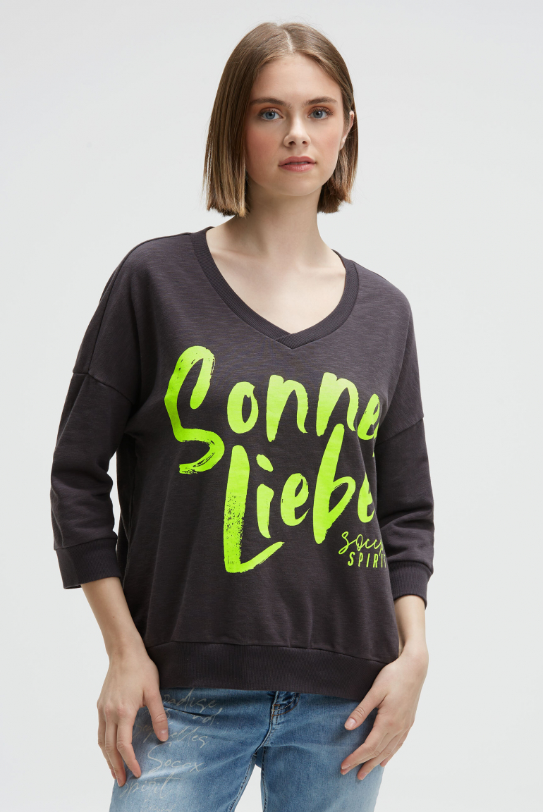 Oversized Sweatshirt mit V-Ausschnitt und Print charcoal mist