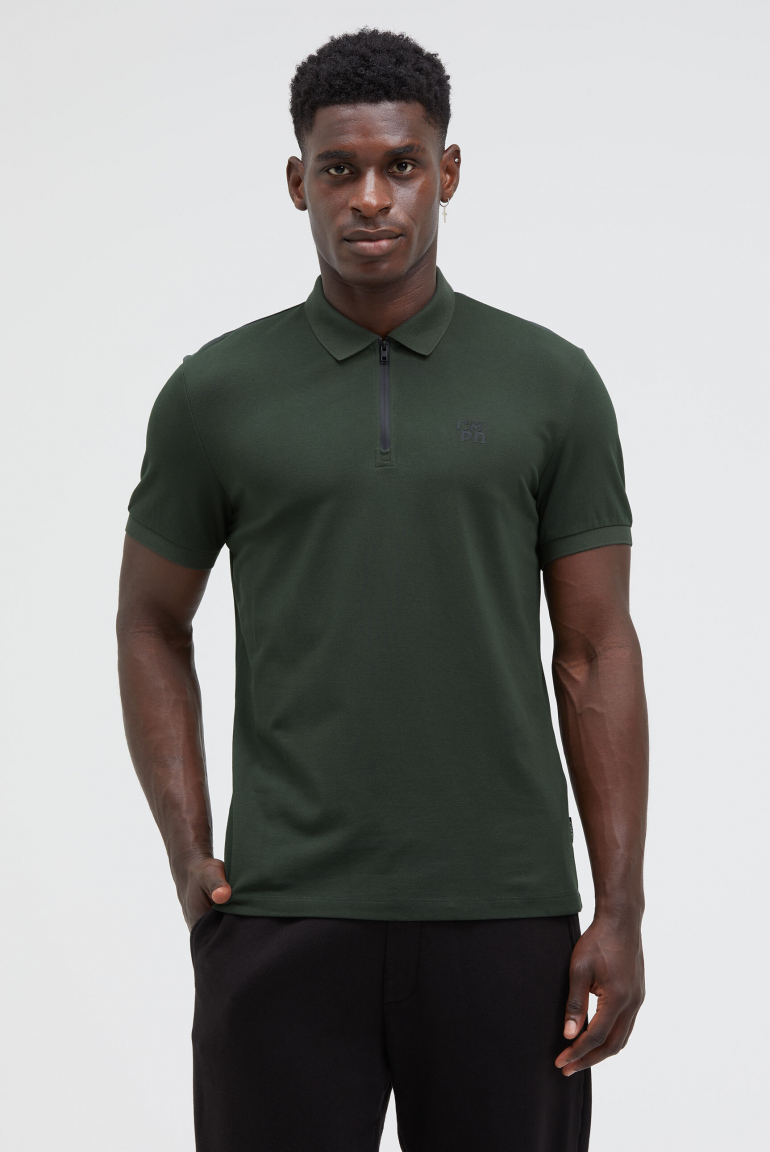 Pikee-Polo mit Zipper und Logo oliv
