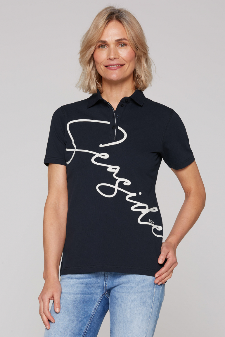 Pikee-Poloshirt mit Wording Print blue navy