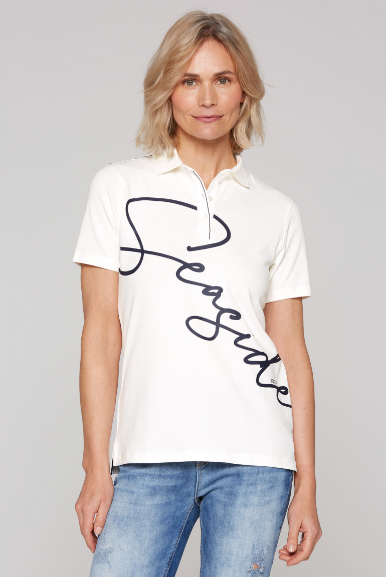Pikee-Poloshirt mit Wording Print ivory