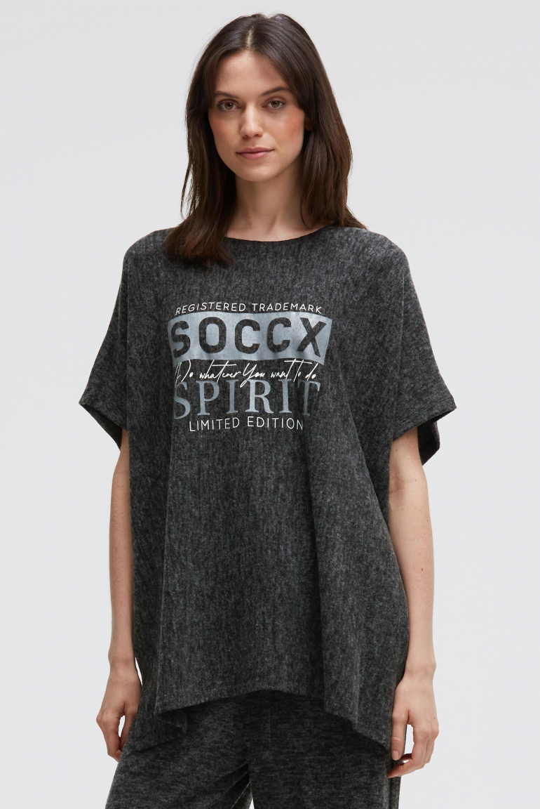 Poncho aus Flauschstrick mit Glimmer Print black melange