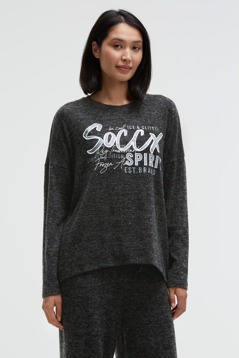 Pullover aus Flauschstrick mit Glimmer Gel Print black melange