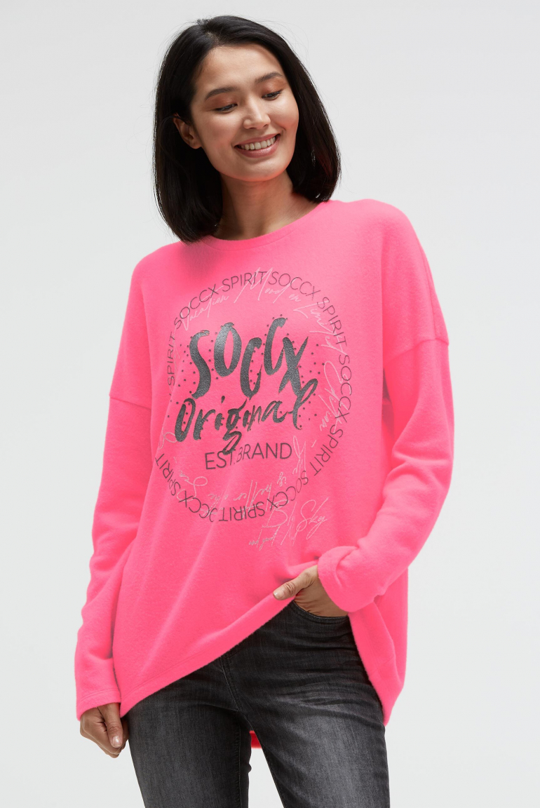 Pullover aus Flauschstrick mit Glimmer Gel Print neon pink
