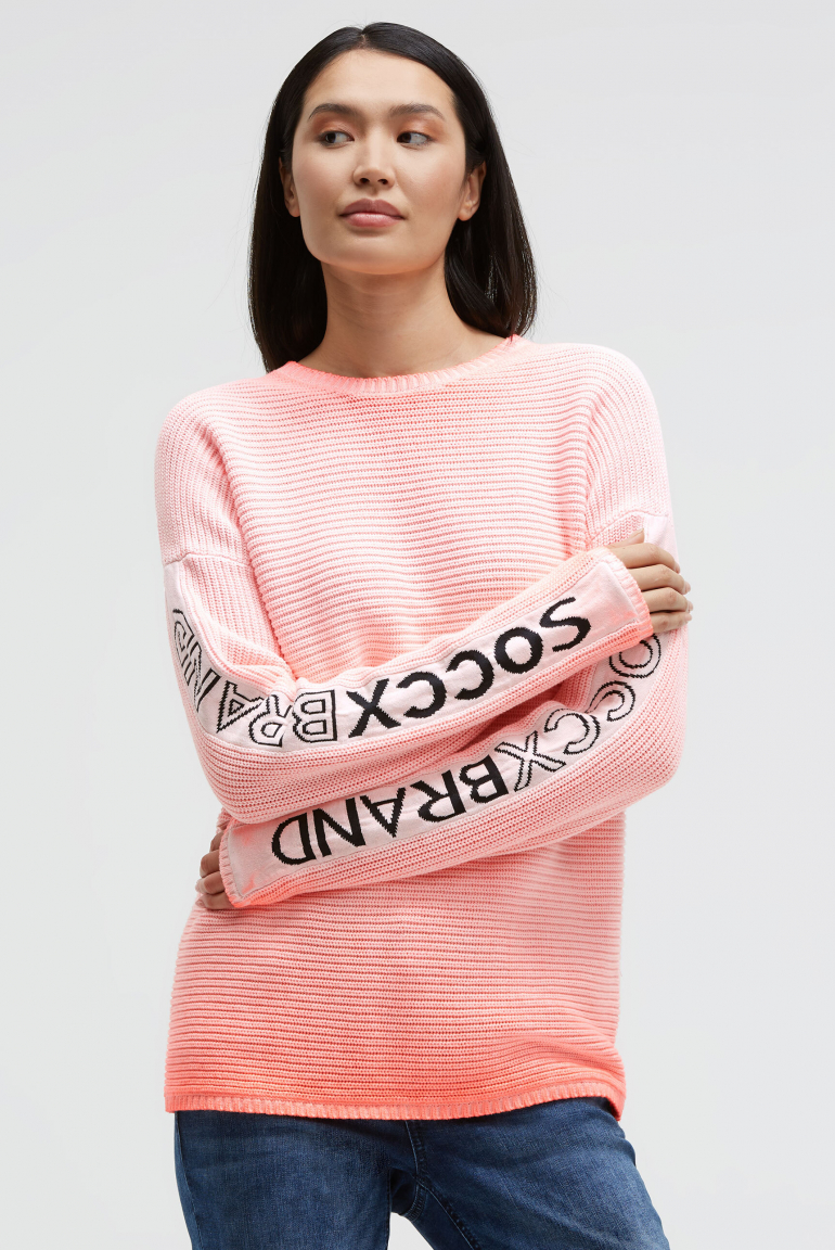 Pullover mit Intarsia-Design an den Ärmeln neon orange