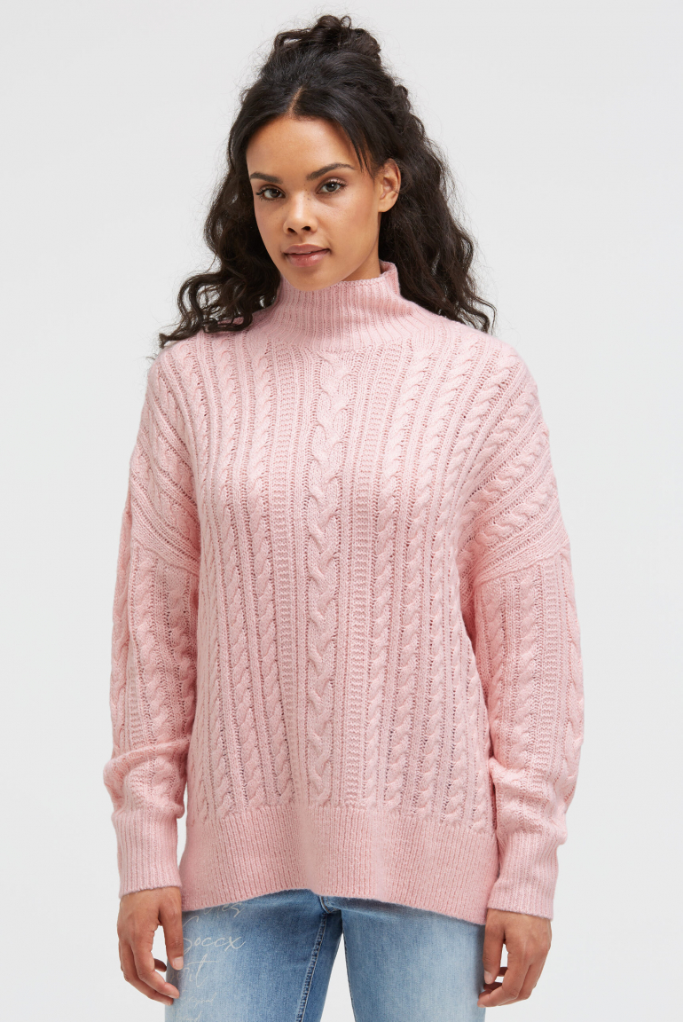 Pullover mit Zopfmuster und Stehkragen pearl rose