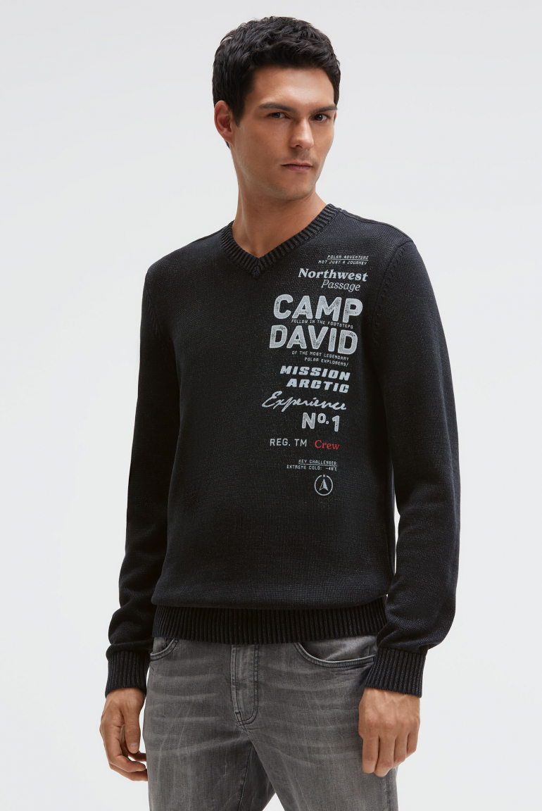 Pullover V-Neck mit Logo Print und Tapes black