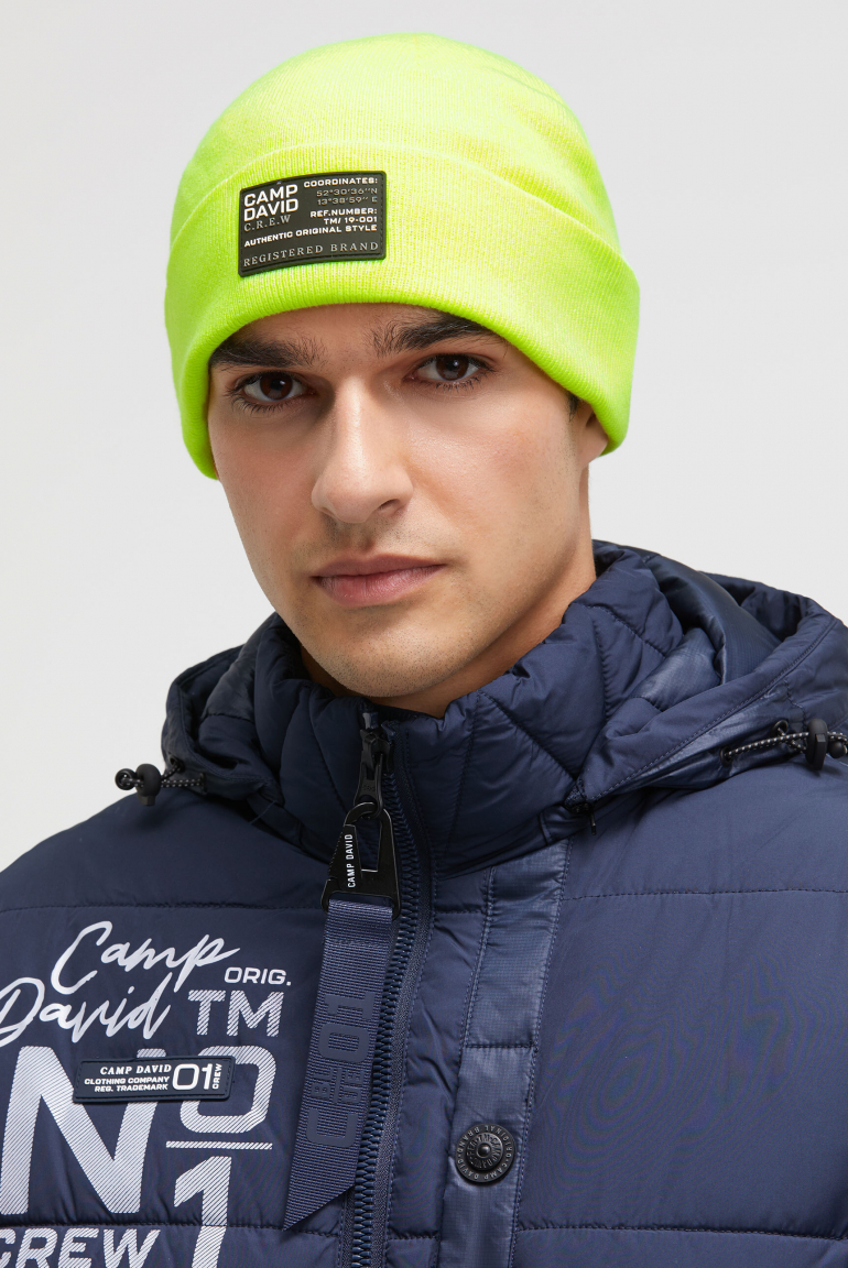Rippstrickmütze mit Label Patch neon yellow