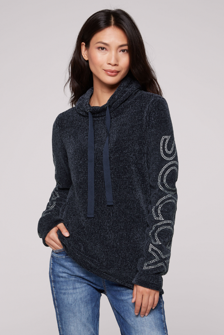 Rollkragenpullover in Chenillestrick mit Logo Prints blue navy