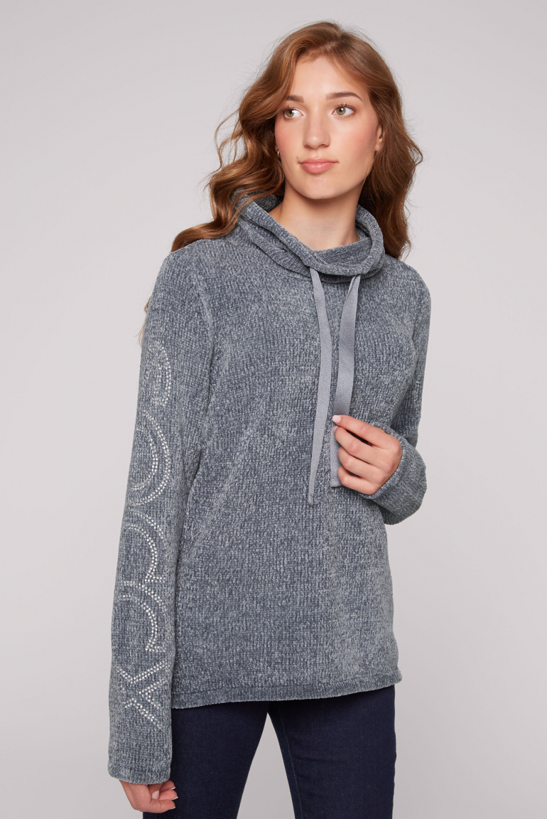 Rollkragenpullover in Chenillestrick mit Logo Prints cold grey
