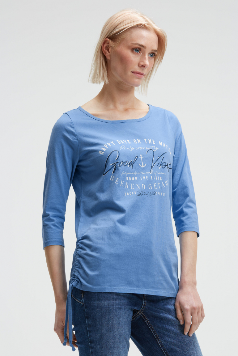 Rundhalsshirt mit 3/4-Ärmeln und Seitenraffung river blue