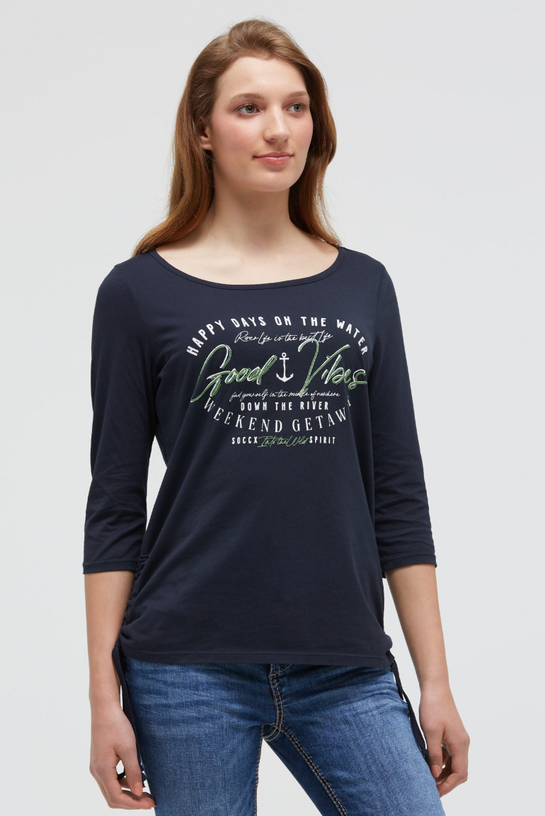 Rundhalsshirt mit 3/4-Ärmeln und Seitenraffung blue navy