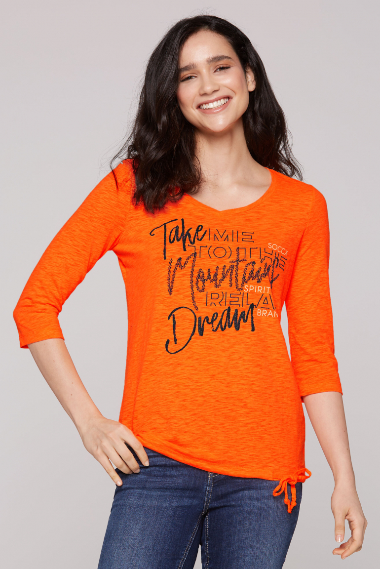 Shirt mit V-Ausschnitt und Tunnelzugband im Saum speed orange