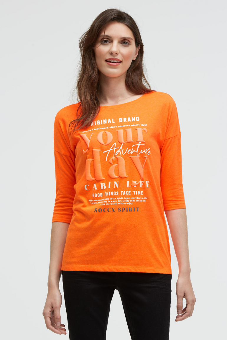 Shirt mit verkürzten Ärmeln und Label Print brilliant orange neon