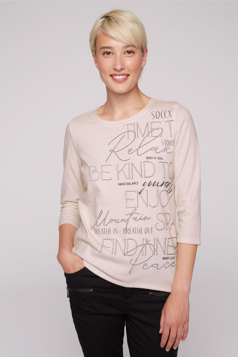Shirt mit Wording Print und Schmucksteinen rose blush