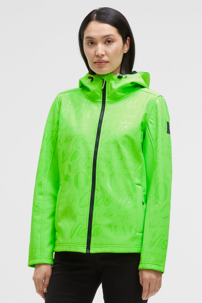 Softshelljacke mit Kapuze und Glossy All Over Print neon leaf