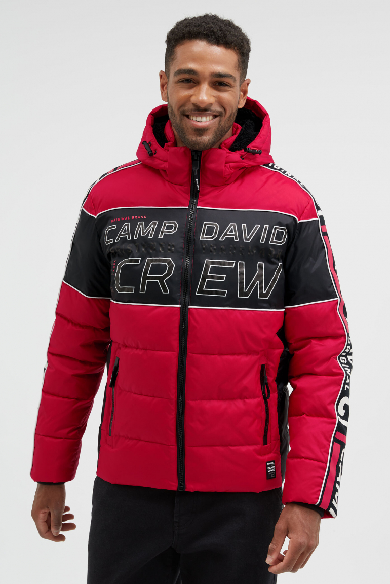 Steppjacke mit Colour-Blocking, Tapes, Artworks bright red