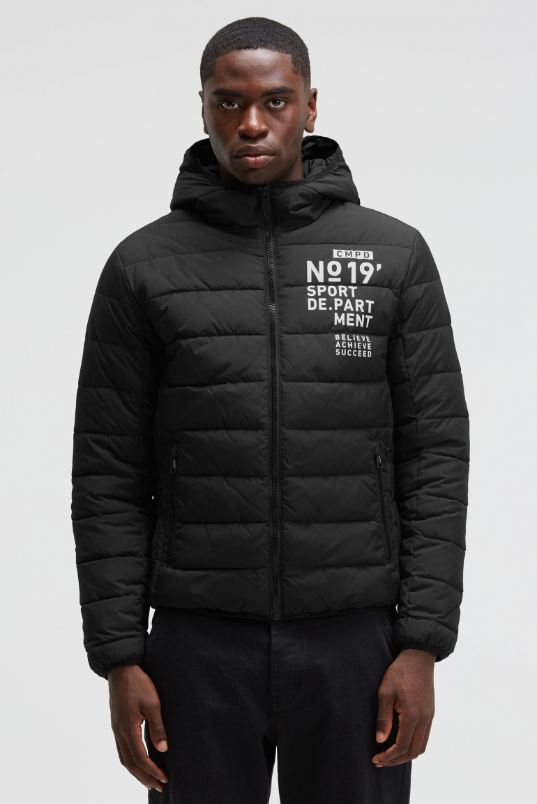 Steppjacke mit Kapuze und Vinyl Print black