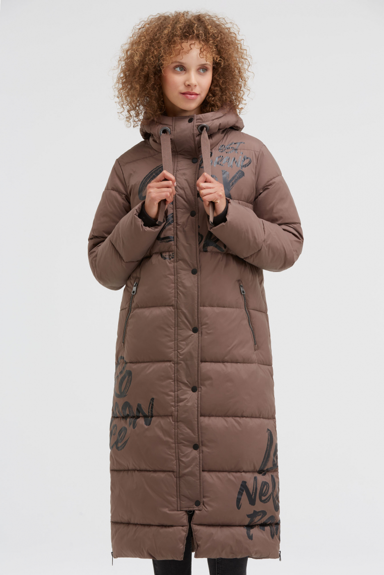 Steppmantel mit Kapuze und Logo Prints brown