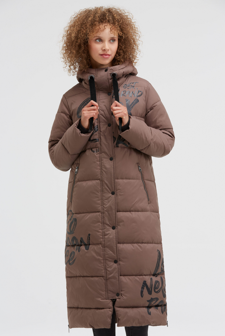 Steppmantel mit Kapuze und Logo Prints brown