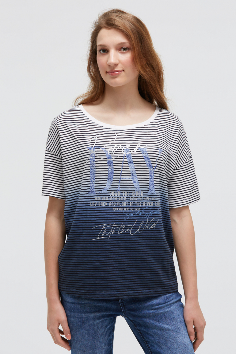 Streifenshirt mit Dip-Dye-Effekt und Artwork ivory / blue navy