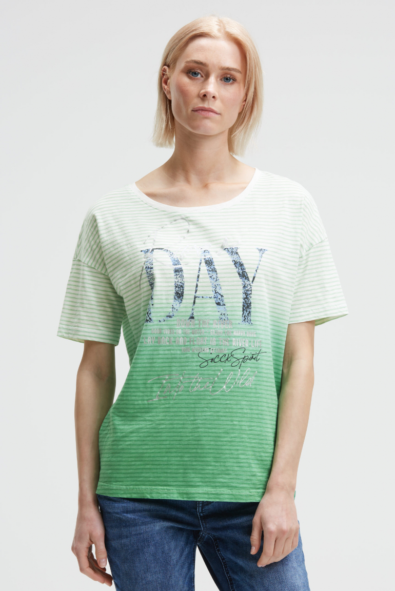Streifenshirt mit Dip-Dye-Effekt und Artwork ivory / milky green